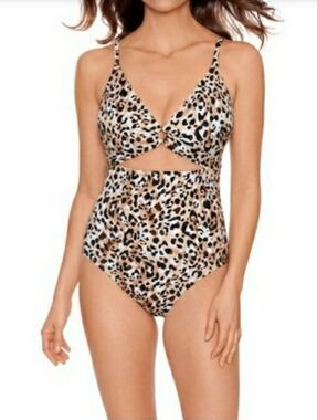 Leopard Print Cutout One-Piece Swimsuit - Beige/Black 1X
